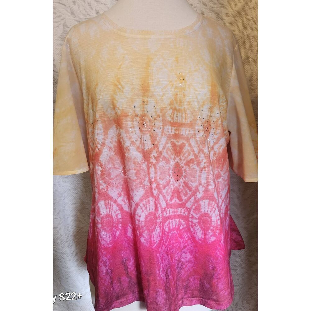F46 Concepts pink & Yellow knit top w sheer flutter sleeves & silver stud decor